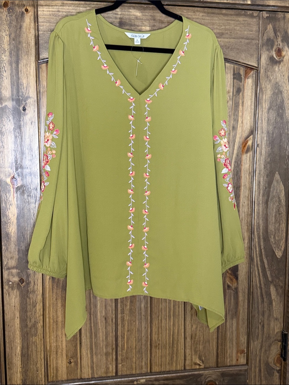 The Pioneer Woman Olive Green V-Neck Tunic with Pink Floral Embroidery